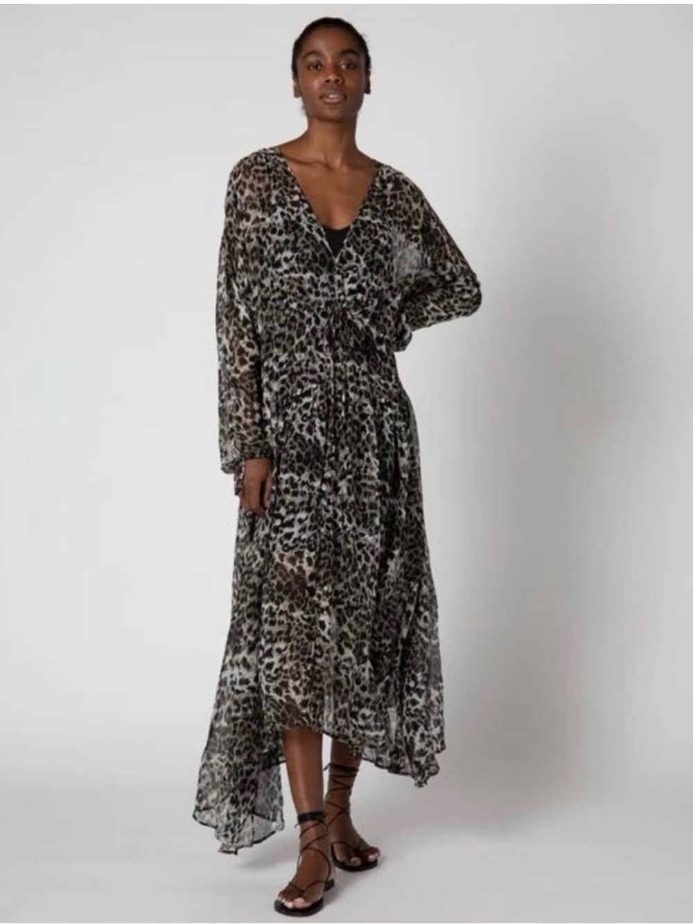 Ruti Deep V-Neck Leopard Print Maxi Dress, Size M/L, Color Black/Gray/White